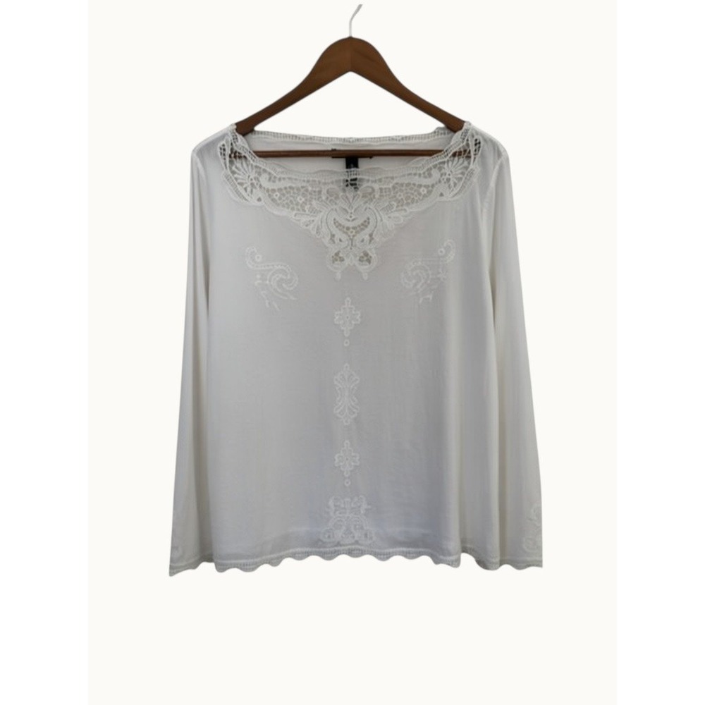 Ralph Lauren White Lace Trim Embroidered Long Sleeve Scoop Neck Top Scalloped XL